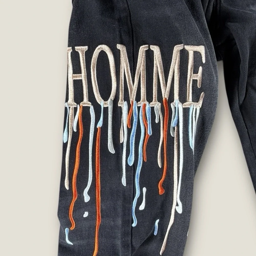 Homme Femme Distressed & Logo‎ Patch Jeans BRAND NEW Sz 36 Denim Black
